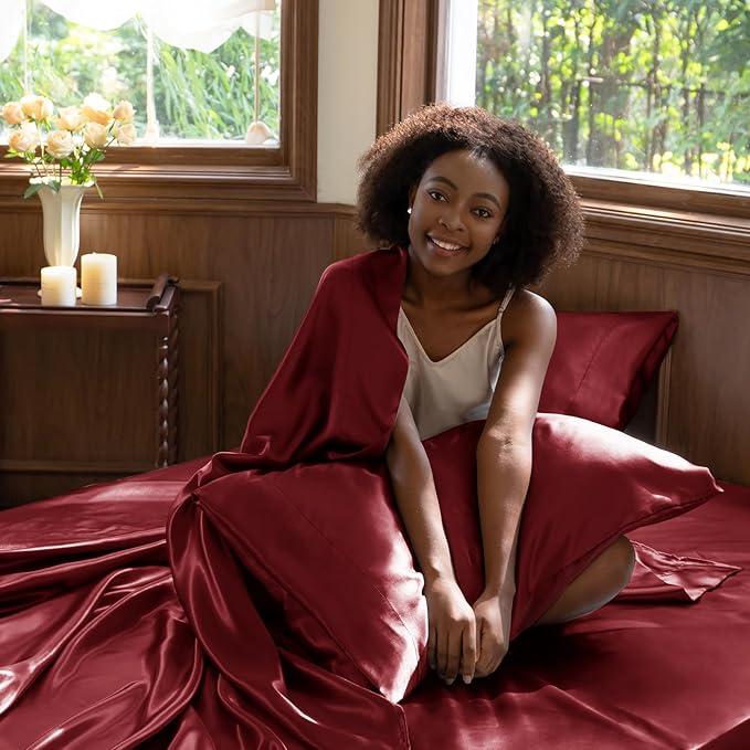 CozyLux Satin Sheets King Size Sheet Set - 6 Piece Silky King Sheets, Luxury Burgundy King Bed Set with Smooth and Soft Microfiber, Includes 1 Fitted Sheet, 1 Flat Sheet and 4 Pillowcases
