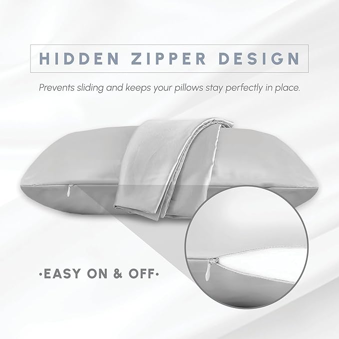 Elegant Comfort 2-PACK Cooling Viscose Satin Pillowcase Set with Hidden Zipper closure, Silky Smooth for Hair and Skin Care-Beautiful Gift Box-2-Piece Satin Pillowcase Set, Standard/Queen, Silver Gray