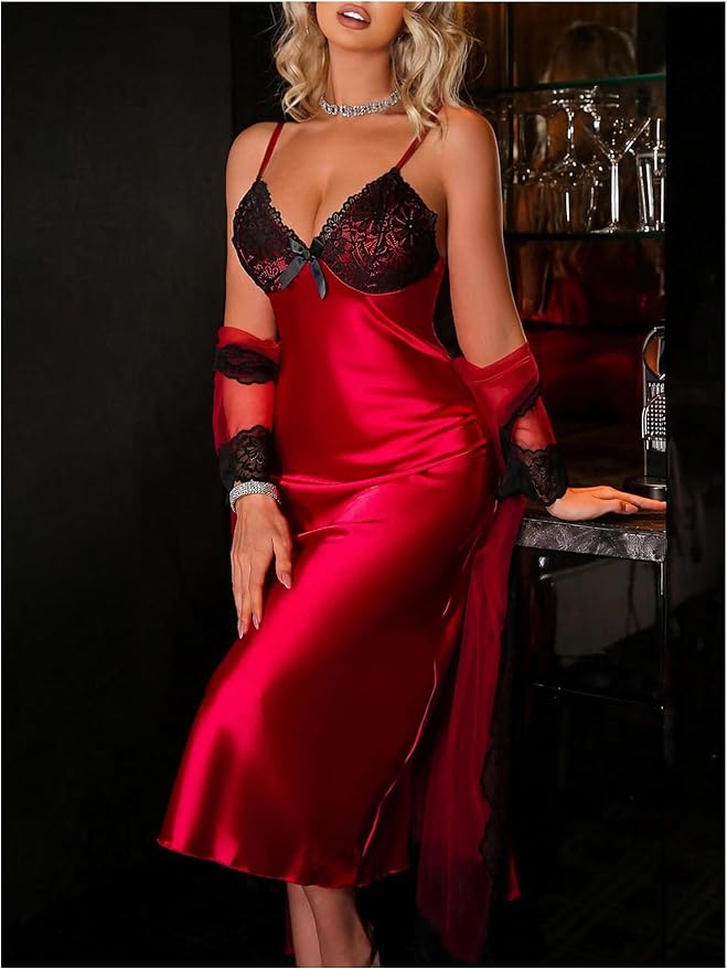OYOANGLE Women's Mesh Robe Set 2 Pieces Pajamas Sets Sexy Soft Robe with Silk Satin V Neck Cami Dress Nightgown