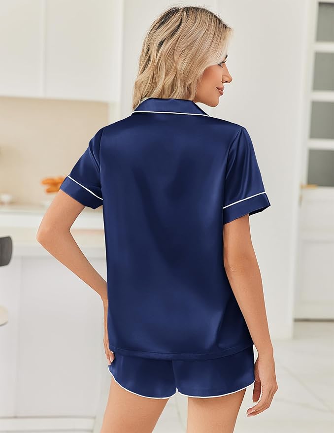 Ekouaer Womens Silk Satin Pajama Sets 2 Piece Button Down Silk Pjs Shorts Sets Cute Print Short Sleeve Sleepwear S-4XL