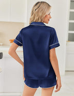 Ekouaer Womens Silk Satin Pajama Sets 2 Piece Button Down Silk Pjs Shorts Sets Cute Print Short Sleeve Sleepwear S-4XL