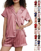 WJing Yi Jia Womens Silk Satin Pajamas Loungewear Two-Piece Sleepwear Button-Down Floral Pj Set XS-4XL