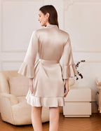 Ekouaer Women's Satin Robe Short Ruffle Hem Silky Robes Lightweight Kimono Brides Bathrobes Sleepwear XS-XXL
