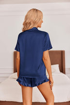 Ekouaer Womens Satin Pajamas Set Button Down 2 Piece Silk Pjs Shorts Set Ruffle Lingerie Notch Collar Sleepwear