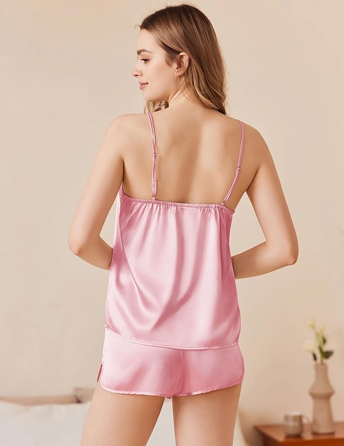 Ekouaer Silk Pajamas Set for Women Satin Camisole Sleepwear Lingerie V-Neck Cami Top and Shorts Pjs