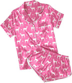 Ekouaer Womens Silk Satin Pajamas Short Sleeve PJS Shorts Set Soft Button Down Sleepwear 2 Piece Loungewear S-5XL
