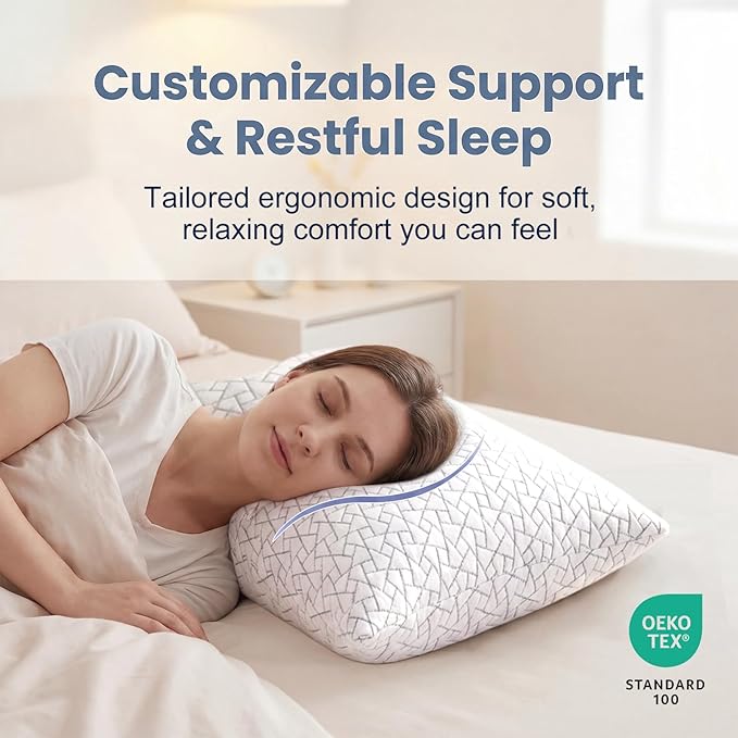 Meoflaw Adjustable Memory Foam Pillows: 2 Pack Queen Size Shredded Foam Bed Pillow for Sleeping with Removable & Washable Pillowcase for All Sleep Positions