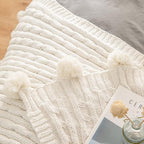ATMOSURELY Ultra Soft Beige Chenille Cable Knit Throw Blanket with Handmade Pom Poms Cozy Fluffy Knitted Blanket Lightweight Warm Woven Farmhouse Blanket for Bed Sofa Couch 50x60 Inches (Beige)