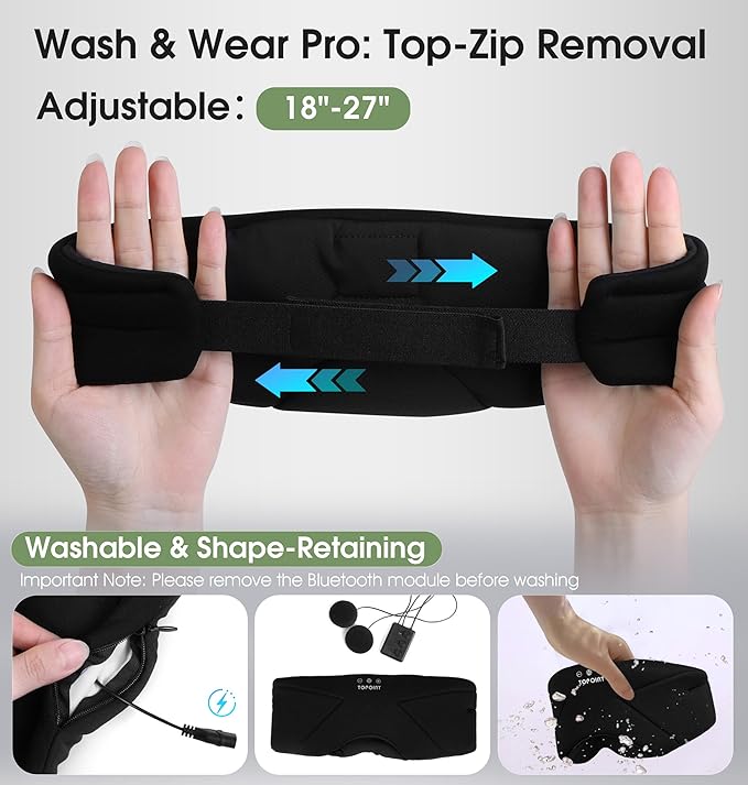 Sleep Mask with Headphones Bluetooth 5.4, TOPOINT Blackout Eye Mask for Sleeping Headphones Earphones with Soft Bamboo Cotton Cooling Breathable, Speaker for Side Sleepers Women Men Travel, Black