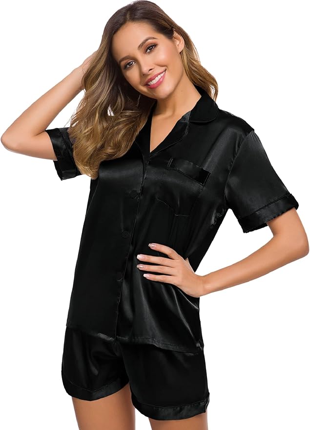 SWOMOG Womens Silk Satin Pajamas Set Short Sleeve Sleepwear Button Down Top and Shorts Loungewear 2 Piece Pjs Set XS-3XL