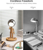 Rechargeable Cordless Desk Lamp, Creative Wooden Table Lamp with 3 Color &Stepless Dimming, Adjustable Pause Moon Lamp, Unique Decorative Desk Lamp for Bedroom, Nightstand, Office & Gift, Beech Wood