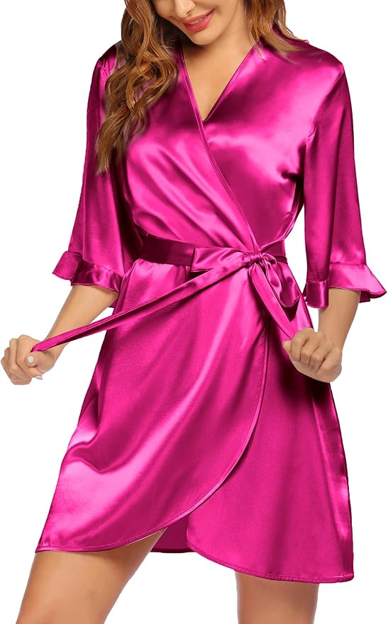 Ekouaer Women's Satin Robe Valentines Lingerie for Women Kimono Bathrobe Short Ruffle Belted Robes Bridesmaids Sleepwear