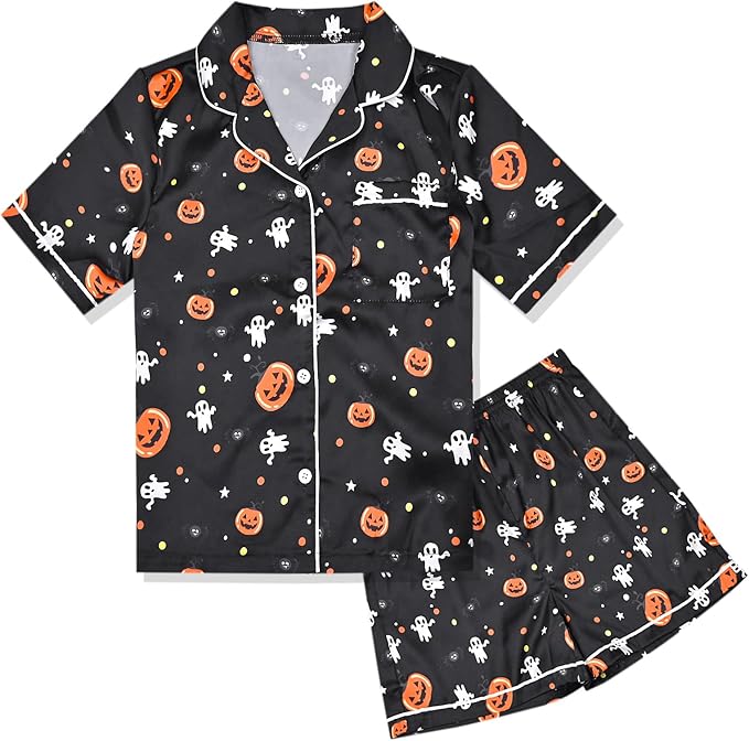 QPANCY Kids Satin Pajamas Sets Baby Boy Girl Button-Down Silk Sleepwear 2 Piece Short Sleeve Loungewear Clothes Set