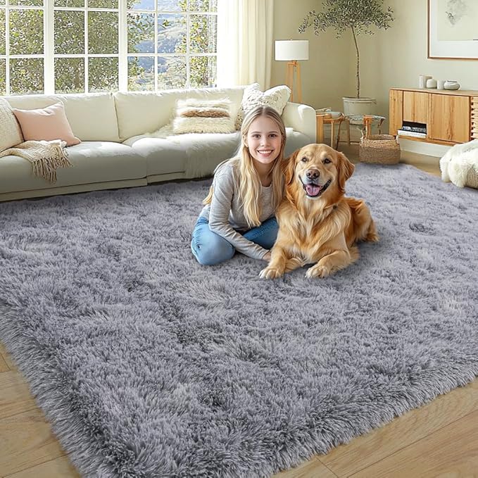 KING DARE Grey Fluffy Area Rug 8x10, Ultra Soft Large Shag Living Room Rug Fuzzy Carpet, Non-Slip Plush Modern Floor Rug for Kids Boys Girls Room Bedroom Home Decor Aesthetic