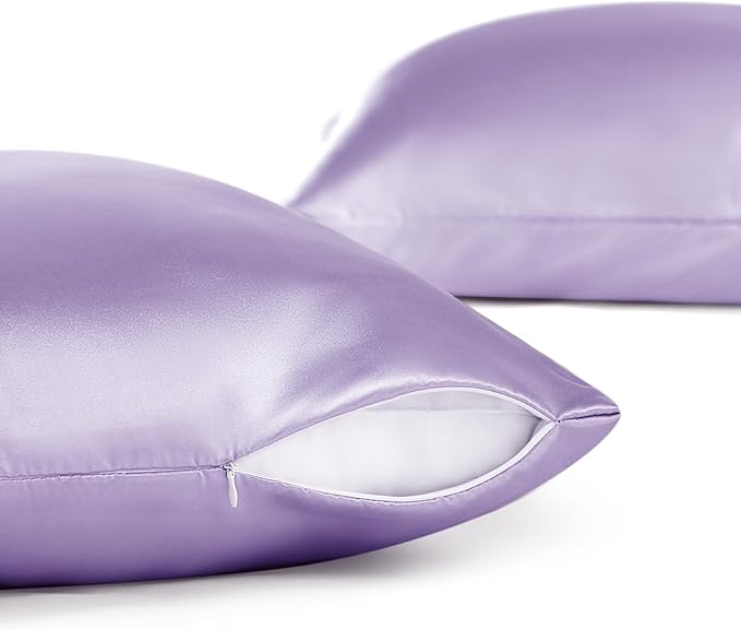 Bedsure Satin Pillowcase with Zipper, Similar to Silk Pillow Cases 2 Pack, Satin Pillow Cases Queen, Silky & Soft Bedding Pillow Covers for Hair and Skin, Gifts for Women Men, Lavender, 20x30 Inches