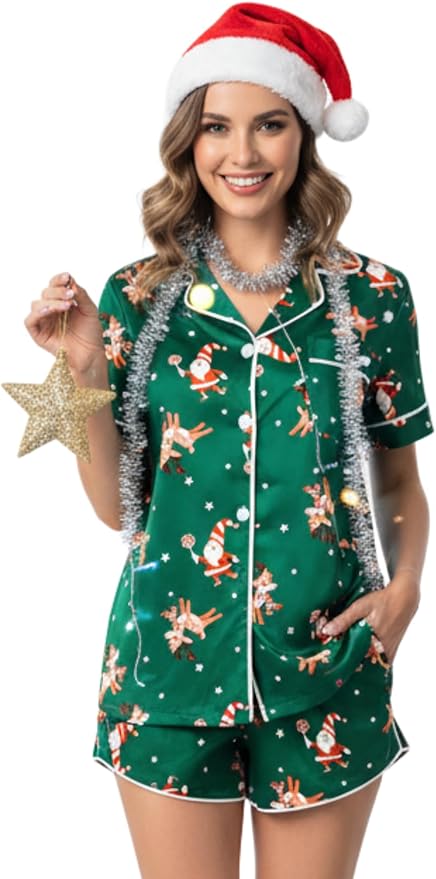 Ekouaer Womens Silk Satin Pajama Set Print Short Sleeve Sleepwear Button Down Pjs Shorts Set Loungewear