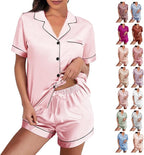 WJing Yi Jia Womens Silk Satin Pajamas Loungewear Two-Piece Sleepwear Button-Down Floral Pj Set XS-4XL