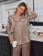 Ekouaer Satin Pajama Set for Women Silky Sleepwear Long Sleeve Top and Pants Button Down Pjs Lounge Set