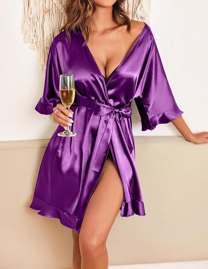Ekouaer Womens Silk Ruffle Robe Short Satin Kimono Robe Half Sleeve Bathrobe Bridesmaid Wedding Party Dressing Gown