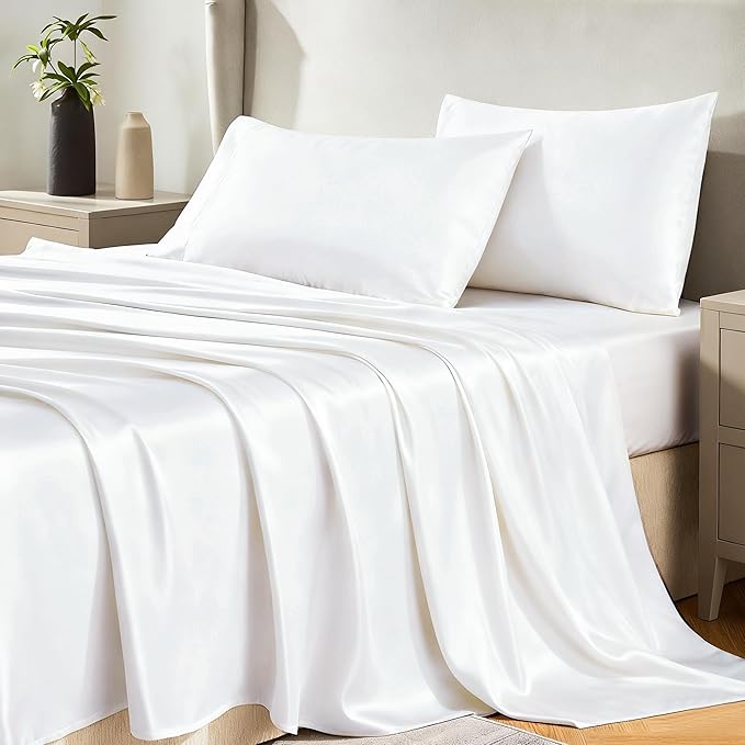 CozyLux Satin Sheets Twin Sheet Set - 3 Piece Silky Twin Bed Sheets, Luxury White Sheet Twin Size Bed Set with Smooth and Soft Microfiber, Includes 1 Fitted Sheet, 1 Flat Sheet and 1 Pillowcase