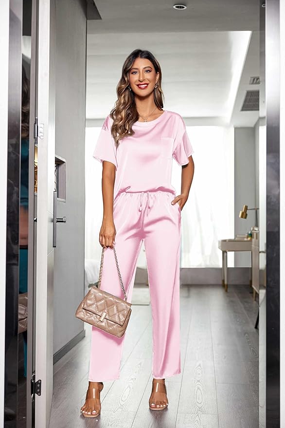 Ekouaer Womens Satin Silky Pajama Set Short Sleeve Shirt with Long Pajama Pant Set Soft PJ Loungewear