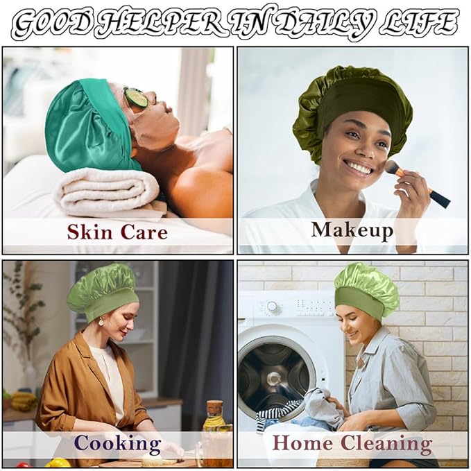 4Pcs Satin Bonnet Silk Bonnet, Hair Bonnet for Sleeping, Elastic Wide Band Silk Sleep Cap, Shower Cap Soft and Breathable (Green Series)