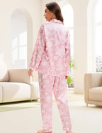 EPLAZA Silk Pajamas for Women Satin Pajamas Set 5 Pcs Long Sleeve Print Pattern Button Down Pjs Sleepwear Loungewear Set