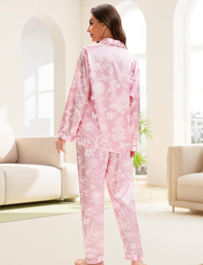 EPLAZA Silk Pajamas for Women Satin Pajamas Set 5 Pcs Long Sleeve Print Pattern Button Down Pjs Sleepwear Loungewear Set
