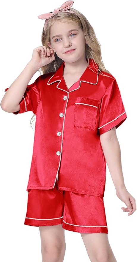 Girls & Womens Satin Pajamas Set, Silk Button-Down Sleepwear 2 Piece Nightwear, 3 Years - Women XXL