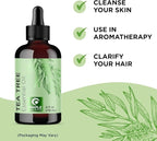 Pure Tea Tree Oil for Hair Skin and Nails - 100% Pure Undiluted Tea Tree Essential Oil with Dropper for Topical Uses Aromatherapy Diffusing and Home and Beauty DIYs - Vegan and Cruelty Free (4 Fl Oz)