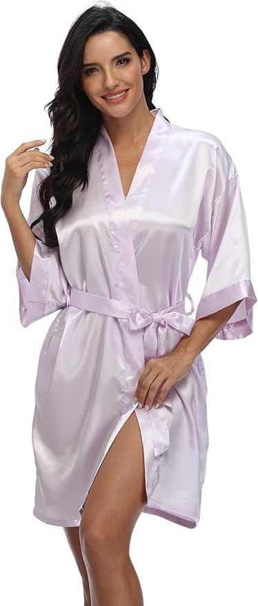 Women's Satin Kimono Robe Wedding Getting Ready Silky Bathrobe Short Bridesmaid Dressing Gown