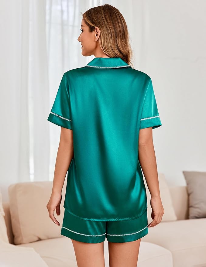 Ekouaer Womens Satin Silk Pajamas Set Short Sleeve Sleepwear Button Down Top and Shorts Loungewear 2 Piece Pjs Set S-XXL