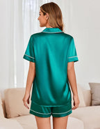 Ekouaer Womens Satin Silk Pajamas Set Short Sleeve Sleepwear Button Down Top and Shorts Loungewear 2 Piece Pjs Set S-XXL