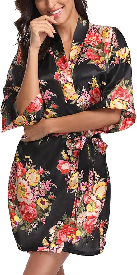 Women's Floral Satin Robes Bride Bridesmaid Getting Ready Robe Short Silky Kimono Sleepwear for Wedding Party