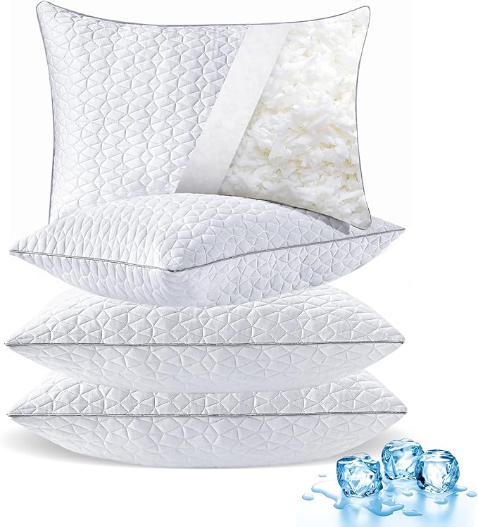 Cooling Pillows Standard Size Set of 4, Shredded Memory Foam Pillows, Adjustable Firm Bed Pillows Cool Cold Pillow for Hot Side Back Stomach Sleepers with Removable Washable Cover, 20" x 26", White