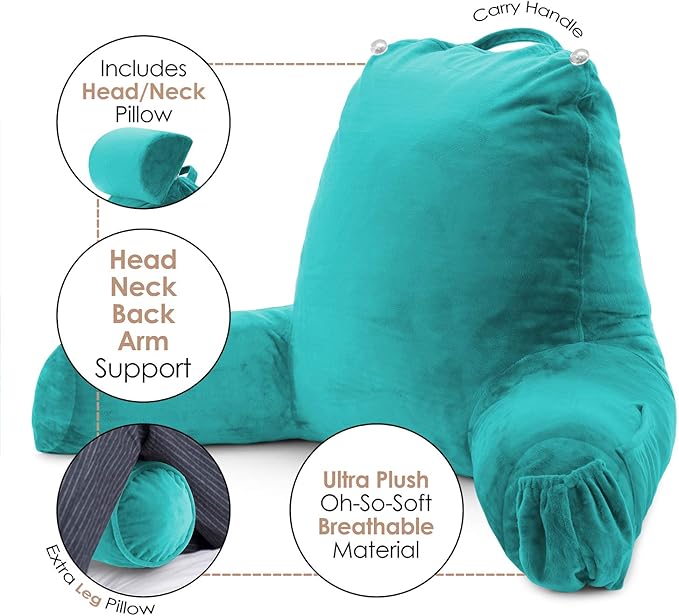 Clara Clark Reading Pillow with Shredded Memory Foam Includes 2 Neck and Lumber Support Pillows, Designed for Sitting Up in Bed and Couch, Back and Arms Adjustable Support for Adults & Teens, Teal