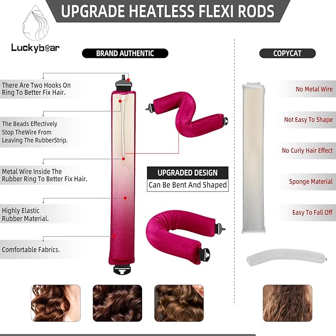 Heatless Curls Overnight Rods Jumbo Set, Heatless Hair Curler Velvet Satin Jumbo Flexi Rods to Sleep in, No Heat Overnight Sleeping Blowout Curls Wave Styling Tools with Silk Scarf 4pcs Rose Red