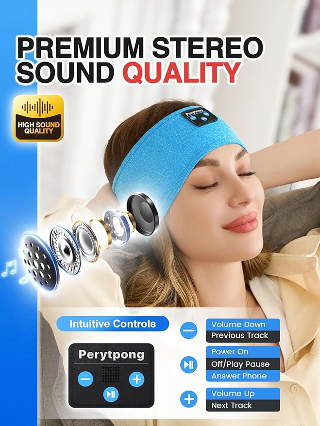 Perytong 2 Pack Sleep Headphones Bluetooth 5.4 Headband, Sleeping Headband Headphones for Side Sleepers, Sweat Resistant Headband Earphones with Built-in Stereo Speakers for Sport Travel Yoga Jogging