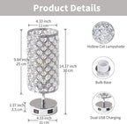 Crystal Table Lamps, Touch Silver Lamp Bedside Bedroom Desk Lamp with 2 USB Charging Port Nightstand Night Light Room Decor for Kids Room, Home Office, Living Room,Bar, Restaurant