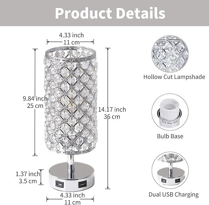 Crystal Table Lamps, Touch Silver Lamp Bedside Bedroom Desk Lamp with 2 USB Charging Port Nightstand Night Light Room Decor for Kids Room, Home Office, Living Room,Bar, Restaurant