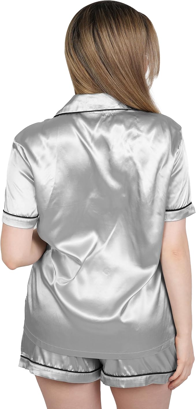 NY Threads Women's Silk Satin Pajamas Set Button Down Top and Shorts 2 Piece Sleepwear Loungewear Pjs Set