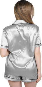NY Threads Women's Silk Satin Pajamas Set Button Down Top and Shorts 2 Piece Sleepwear Loungewear Pjs Set