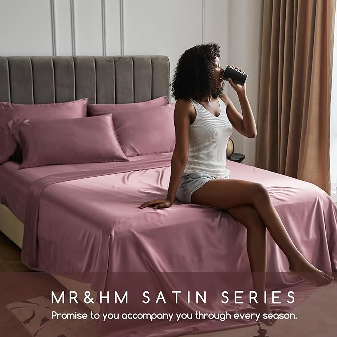 MR&HM Satin Bed Sheets, Twin Size Sheets Set, 3 Pcs Silky Bedding Set with 15 Inches Deep Pocket for Mattress (Twin, Rose Taupe)