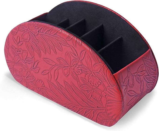 QIELIZI Remote Control Holder, PU Leather Remote Caddy Desktop Organizer with 5 Spacious Compartments for TV Remotes/Media Controllers/Office Supplies (1-Carved Red