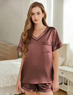 Silk Pajamas for Women Short Sleeve Satin 2 Piece Pj Set Soft V Neck Sleepwear Loungewear, S-XXL