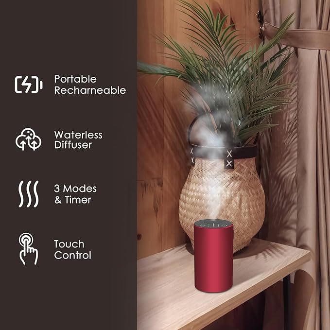 Waterless Essential Oil Diffuser, Battery Powered Mini Scent Air Machine, Aromatherapy Mist Diffuser for Home Room Car Office (Red Aluminum Alloy)