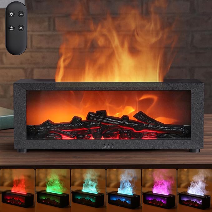 Fireplace Essential Oil Diffuser, 150ml Aromatherapy Diffuser, Ultrasonic Cool Mist Humidifier, 7 Colors Firelight Flame Diffuser with Remote for Home Office