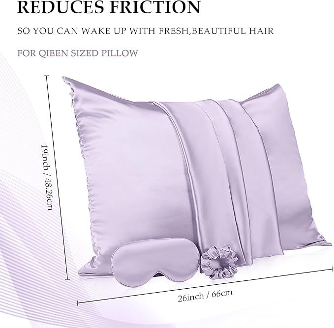 2 Pack Satin Pillowcase with Hidden Zipper, Adjustable Satin Eye Mask for Sleeping and Satin Volume Scrunchie for Hair and Skin, Standard Size(Purple,Classic Style)