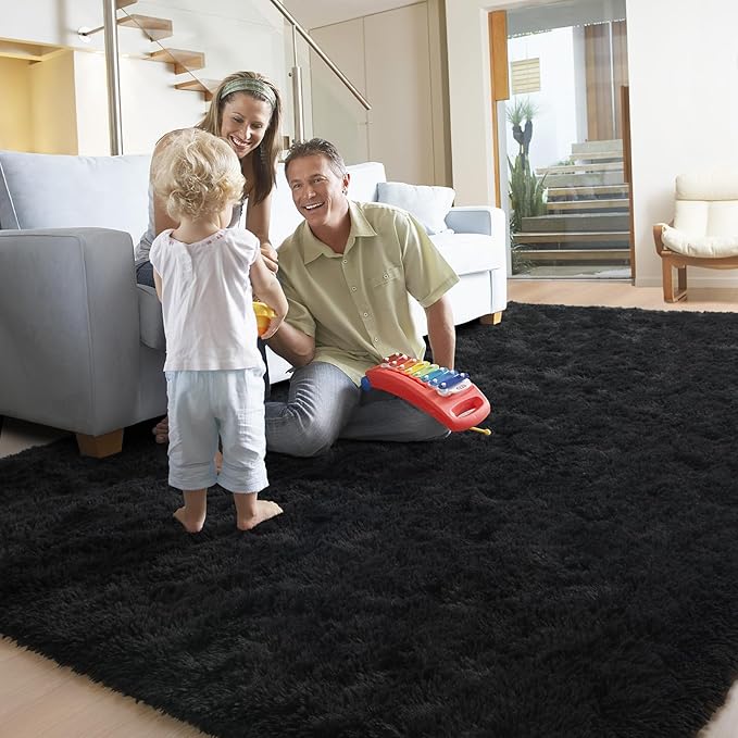 YJ.GWL Area Rugs for Living Room Bedroom, 8x10 Machine Washable Large Black Carpet, Soft Fluffy Shaggy Thick Big Shag Indoor Floor Rug for Kids Boy and Girls Room Dorm Home Decor Aesthetic