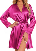 Ekouaer Women's Satin Robe Short Bridesmaid Bride Feather Bridal Robe Kimono Silky Long Sleeve Bathrobe S-XXL